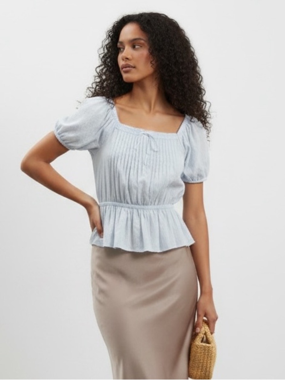 Square Neck Light Blue Puff Sleeve Peplum Top